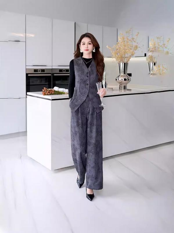 セットアップ レディース 春夏 Vネック ベスト ジレ ワイドパンツ ガウチョ スリーピース 3点セット ぼかし花柄プリント 高級感 エレガント 上品 きれいめ オフィス 通勤 ポリエステル