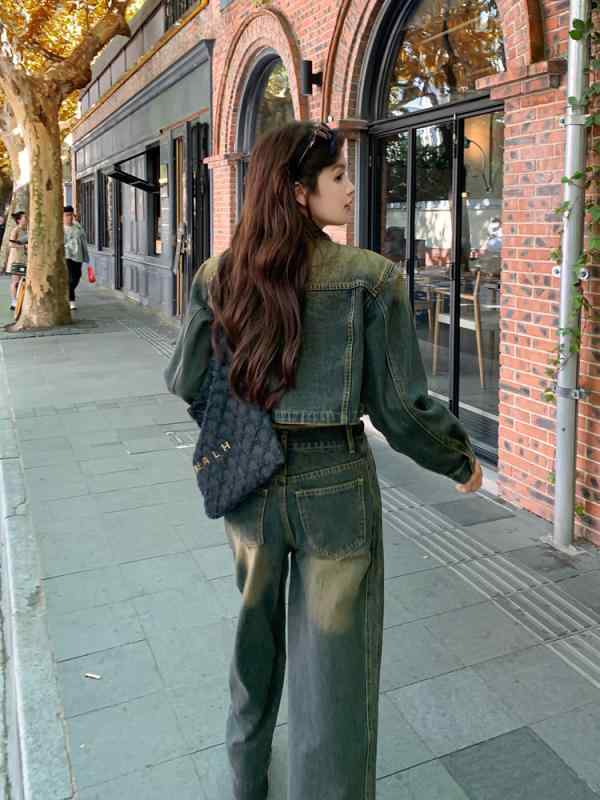 セットアップ レディース ワイドパンツ 長袖 ロング丈 デニム 綿 コットン 切り替え ポケット付き 秋冬 韓国ファッション エレガント シンプル クール マニッシュ ゆったり レトロ ヴィンテージ風加工 着回し トレンド
