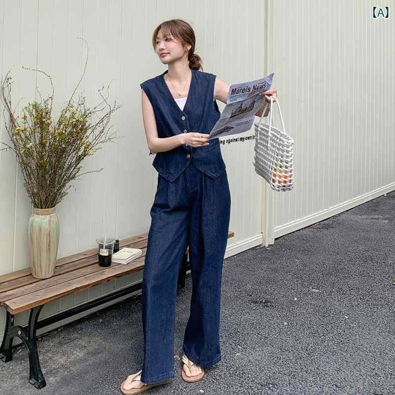 セットアップ レディース デニム ノースリーブ ベスト ジレ ワイドパンツ ロングパンツ オールドマネースタイル 上品 エレガント ウォッシュ加工 切り替え 綿 ポリエステル ブルー 春夏 通勤 オフィス 普段使い