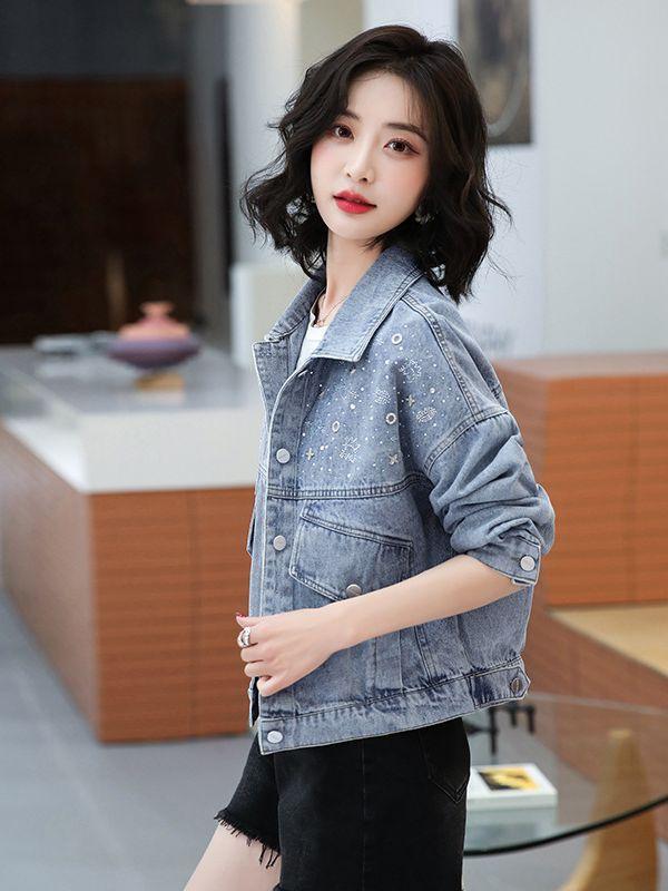 上衣 レディース ジーンズ 春夏 小っちゃい 低身たけ向け レトロ 心地よい ゆったり 体型押しかぶせる 遊撃手丈 長袖 ポロ襟 無地 綿 スタッズ うつり変わり 着回し トップス