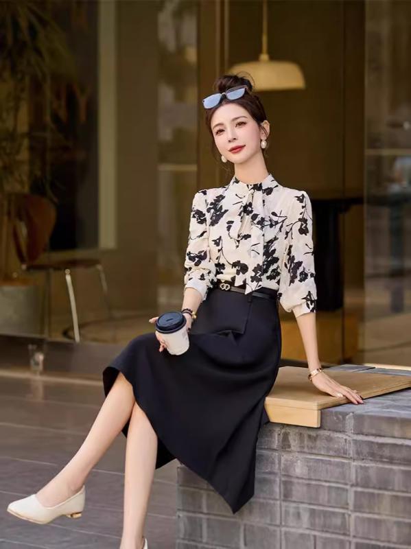 ワンピース 秋冬 スカーフネック ウエストベルト付き Aライン ハイウエスト ミディ丈 長袖 小花柄 きれいめ 上品 通勤 オフィス 着痩せ ポリエステル|おうち健康生活