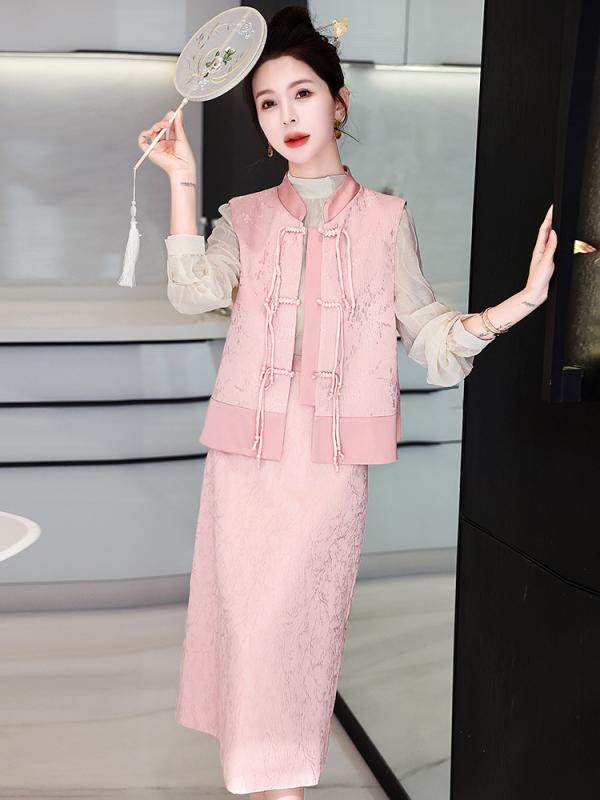 スカートセットアップ レディース モダンチャイニーズ レトロ エレガント 上品 ジャカード織り ベスト ジレ ミディ丈スカート ノースリーブ ツーピース ポリエステル 春夏 アイボリー ピンク オフィス 通勤 お出かけ｜おうち健康生活