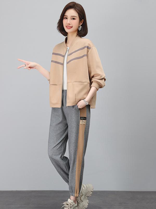 セットアップ レディース 春秋 カジュアル スポーツウェア 体型カバー 着痩せ おしゃれ 上品 着回し ロングパンツ 長袖 ドロップショルダー 2点セット 綿 コットン ストライプ カーキ グリーン