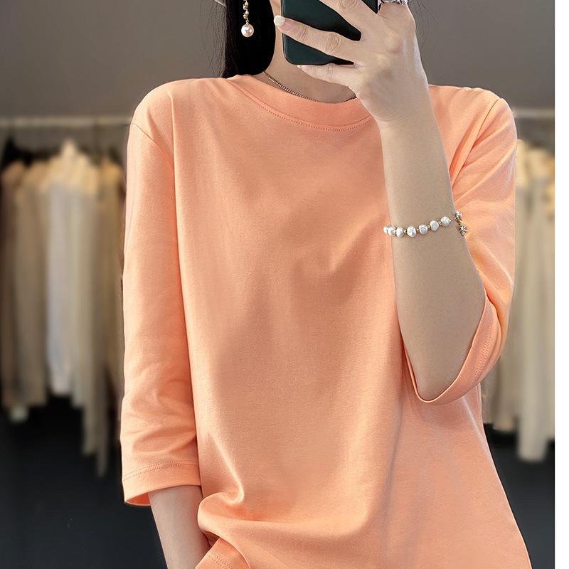 Tシャツ レディース 女性用 春夏 シンプル 無地 コーマ綿 吸湿速乾 なめらか ラウンドネック 丸首 七分袖 プルオーバー 普段使い 通勤 カジュアル トップス