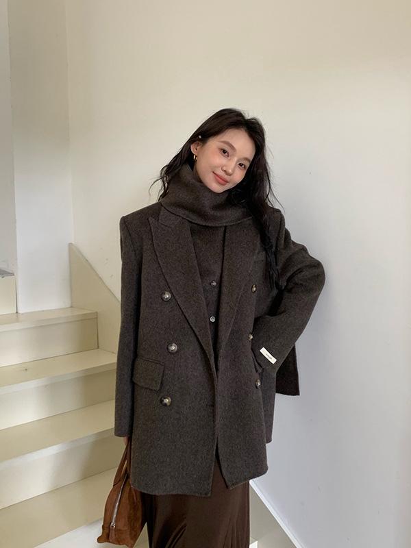 コート レディース 秋冬 韓国ファッション 抜け感 リラックス感 オーバーサイズ ベスト ジレ ストール マフラー 2点セット ミドル丈 上質 ダブルフェイス ウール アウター