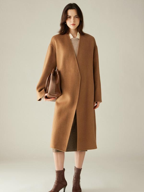 コート レディース 女性用 秋冬 高級感 上品 キャメルウール ダブルフェイス ウール ロング丈 ゆったり Vネック ドロップショルダー ベルト付き キャメル アウター｜おうち健康生活