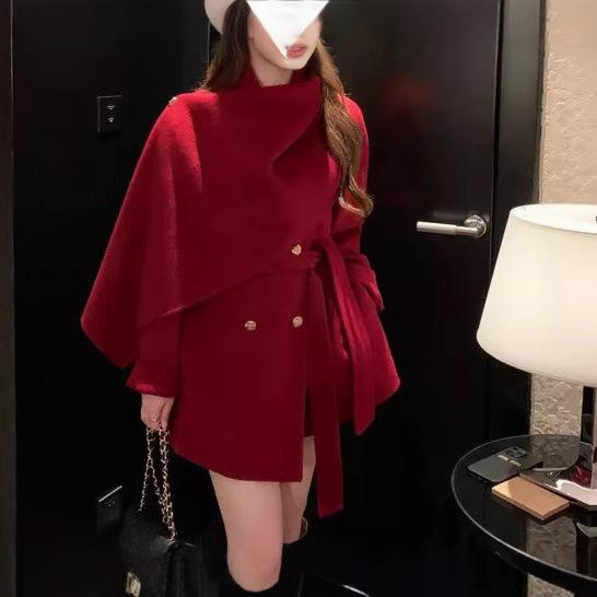 コート レディース 女性用 ケープ ポンチョ ダブルフェイス アクリル メルトン調 ロング丈 マキシ丈 Aライン スタンドカラー ショール風 上品 エレガント 通勤 オフィス 韓国ファッション 秋冬