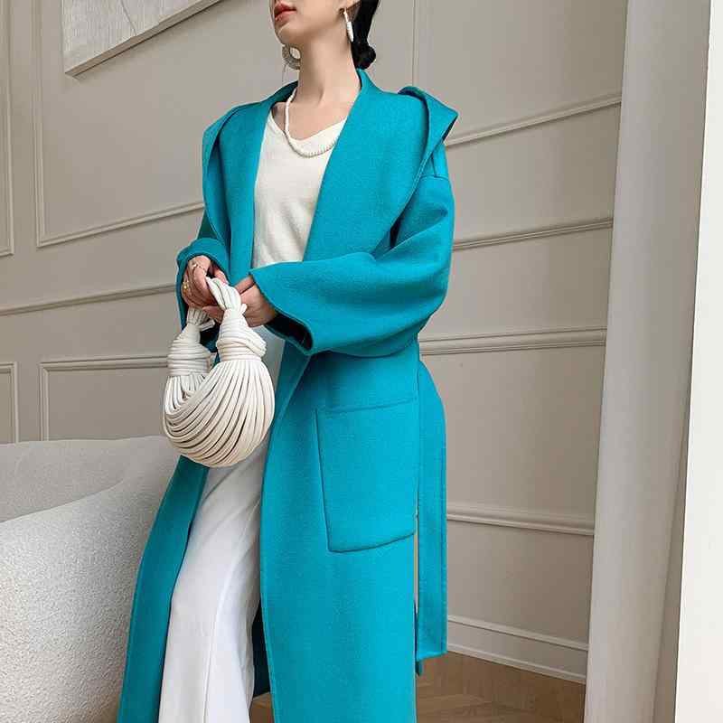 厚地の外套 レディース ロング丈 ボンネット付き添い人 ダブル人間の顔 羊毛  ゆったり 肩かけ厚地の外套 朦々たる 無地 長袖 胴締め付き添い人 秋冬 心地好い 飛び切り感