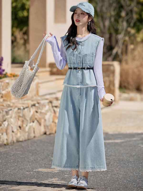 カジュアルセットアップ レディース レース 切り替え デニム ベスト ジレ ワイドパンツ 3点セット 綿 春夏 おしゃれ ゆったり 普段使い お出かけ｜おうち健康生活