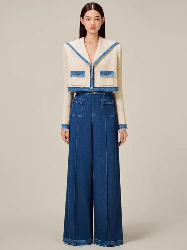 セットアップ レディース 秋冬 ショート丈ジャケット ワイドパンツ ゆったり ウールライク 青白 ブルー 立体柄 プリーツ加工 カジュアル フェミニン 長袖 トップス ボトムス