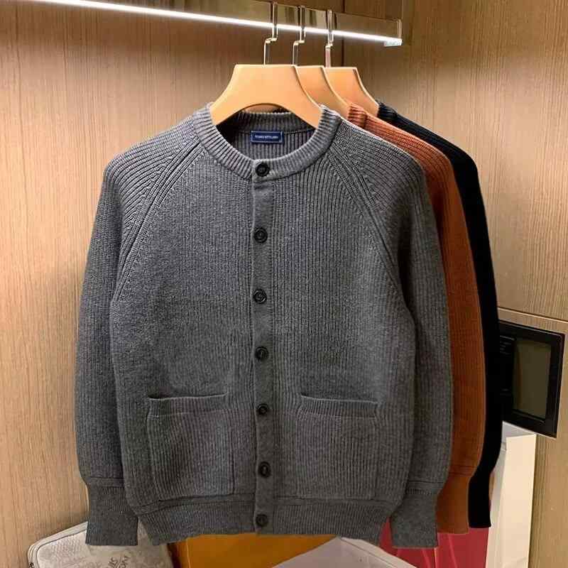 カーディガン メンズ 男性用 肉厚 保温 秋冬 レトロ クルーネック ニット セーター 長袖 スリムフィット 洗える 普段使い ポリエステル トップス カジュアル