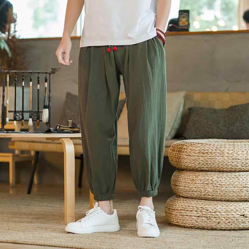 パンツ メンズ 九分丈 アンクル丈 ゆったり ルーズフィット ストレート ビッグシルエット 綿麻 コットンリネン 無地 通気性 接触冷感 涼しい イージーケア ストレッチ 普段使い 部屋着 アジアンテイスト 春夏 ブラック