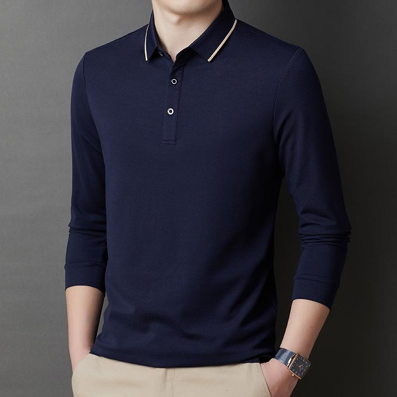 Tシャツ メンズ 男性用 春秋 長袖 ポロ襟 襟付き 無地 シンプル ゆったり ルーズフィット ビジネス オフィス カジュアル 普段使い ミドルエイジ 大人 綿 コットン 薄手 通気性