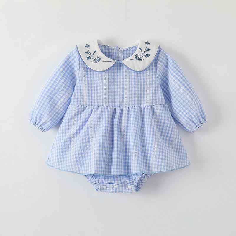 ロンパース ベビー 女の子 赤ちゃん用 ワンピース カバーオール 春夏 韓国 綿 コットン 通気性 ブルー 格子柄 チェック 長袖 刺繍 襟元 普段使い お出かけ着