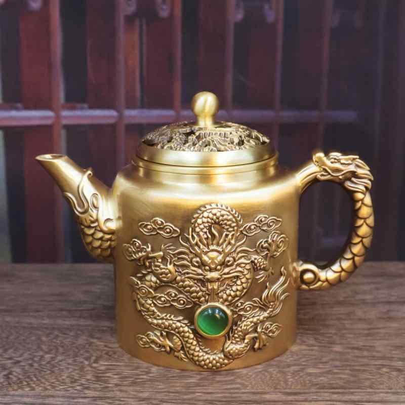 真鍮工芸品 龍鳳 ティーポット 置物 茶器 家庭 オフィス 卓上 インテリア オブジェ 装飾品 飾り ギフト 贈り物 中華風 アジアンテイスト