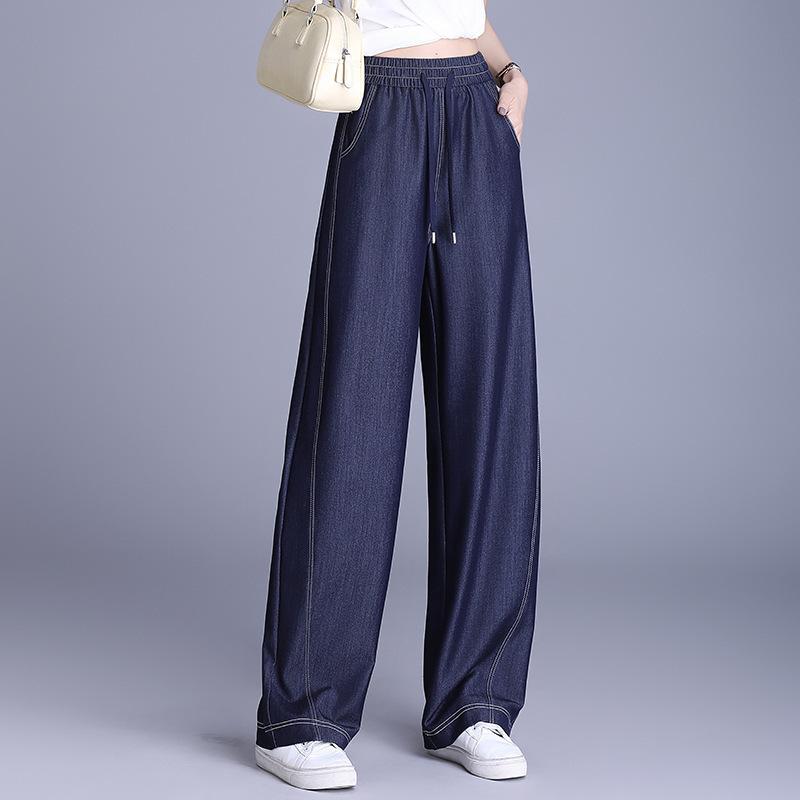 デニムパンツ レディース 春夏 薄手 ゆったり 細見え カーブワイド ハイウエスト ウエストゴム 色落ちしない 上質 ドレープ感 ストレッチ シワになりにくい カジュアル ボトムス ダークブルー ポリエステル レーヨン