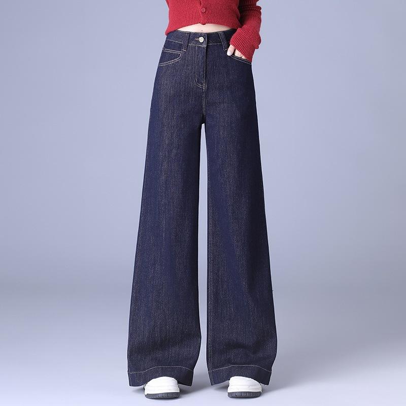 デニムパンツ レディース ワイドストレート ハイウエスト スタイルアップ 細見え ゆったり リラックスフィット ロング丈 コットン混 ストレッチ 春夏 カジュアル 普段使い ブルー系｜おうち健康生活
