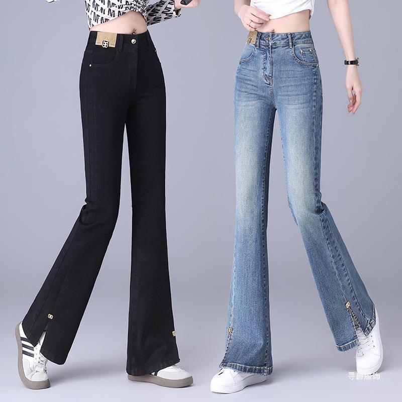 デニムパンツ レディース 女性用 秋冬 ハイウエスト セミフレア ブーツカット スリム 細身 着痩せ 細見え 裾スリット マーメイドシルエット マーメイドライン 綿 コットン 伸縮性 ブラック ブルー