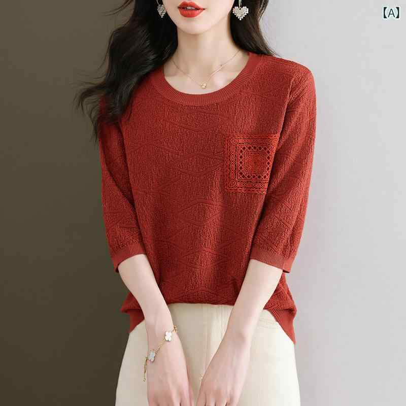 ニットトップス レディース 女性用 接触冷感 5分袖 Tシャツ 春夏 インナー ゆったり ビッグサイズ ラウンドネック ショート丈 薄手 カジュアル 通勤 普段使い
