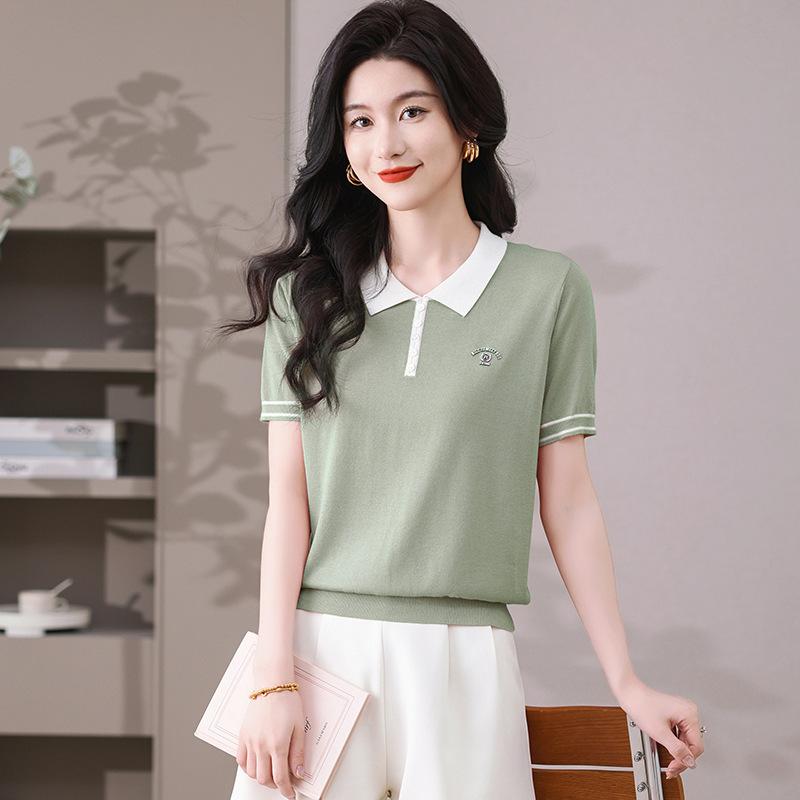 Tシャツ レディース ドールカラー 接触冷感 半袖 ショート丈 再生繊維 テンセル 切り替え ニット プルオーバー 春夏 通勤 オフィス 普段使い 上品 きれいめ ブラック ホワイト ピンク系 ベージュ グリーン
