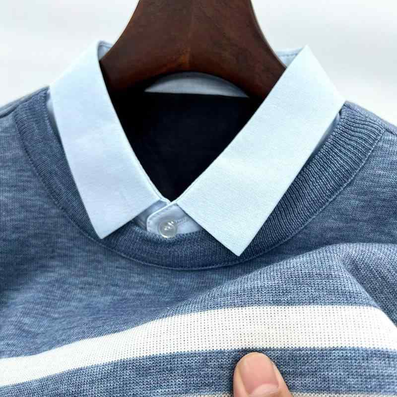 ニット メンズ 男性用 秋冬 裏起毛 厚手 長袖 フェイクレイヤード 重ね着風 シャツ襟 プルオーバー ストレートシルエット 大きいサイズ シティカジュアル グレー ブルー グリーン