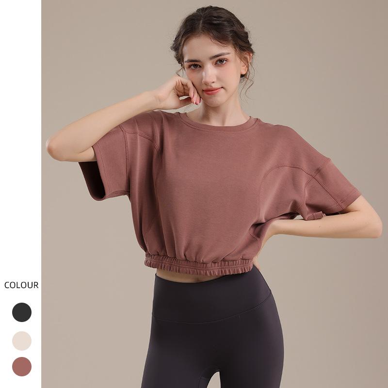Tシャツ レディース ゆったり ルーズフィット 半袖 ショート丈 ウエスト絞り 吸湿速乾 通気性 フィットネス ヨガ ピラティス ジム トレーニング スポーツ トップス 普段使い