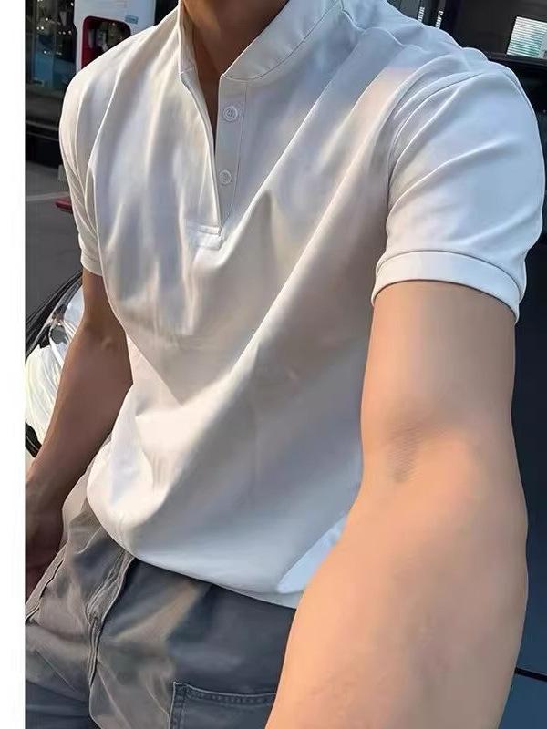 Tシャツ メンズ リラックスフィット 筋肉強調 ヘンリーネック ショート丈 半袖 リブ袖口 アメカジ ソロナ ポリエステル ジム トレーニング スポーツ 防シワ ブラック ホワイト