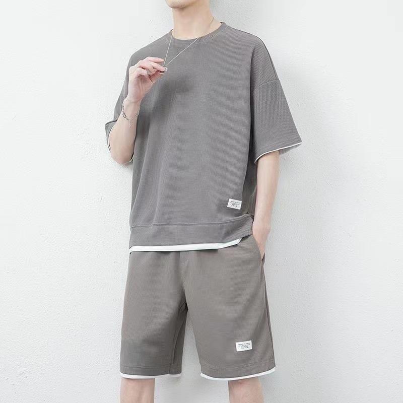 セットアップ メンズ 男性用 ワッフル生地 接触冷感 半袖 Tシャツ 5分袖 ショートパンツ ハーフパンツ 夏 春夏 ポリエステル 吸湿速乾 カジュアル スポーツ 普段使い