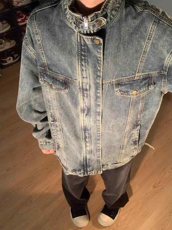 デニムジャケット メンズ 男性用 春秋 アメカジ レトロ ヴィンテージ風 ウォッシュド加工 ユーズド加工 ゆったり ルーズフィット カジュアル ストリート コットン スタンドカラー ショート丈 ワークスタイル