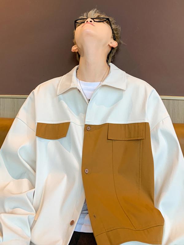 シャツ メンズ 男性用 アメリカン レトロ ストリート 長袖 配色切り替え ワークシャツ ゆったり リラックスフィット 春秋 カジュアル ポリエステル ブラック ホワイト 襟付き トレンド 性