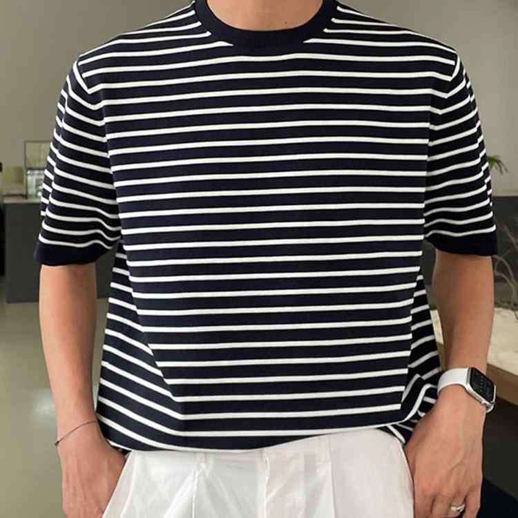 Tシャツ メンズ 半袖 ストライプ柄 ニット トップス ゆったり オーバーサイズ ポリエステル混紡 韓国 カジュアル クルーネック 春夏 普段使い 着回し 4,276円