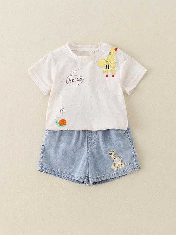 ベビー キッズ セットアップ 男の子 女の子 男児 女の子 幼児 春夏 半袖 Tシャツ トップス ショートパンツ 短パン デニム コットン かわいい 動物柄 ブルー カジュアル 韓国ファッション 子供服 普段使い お出かけ着
