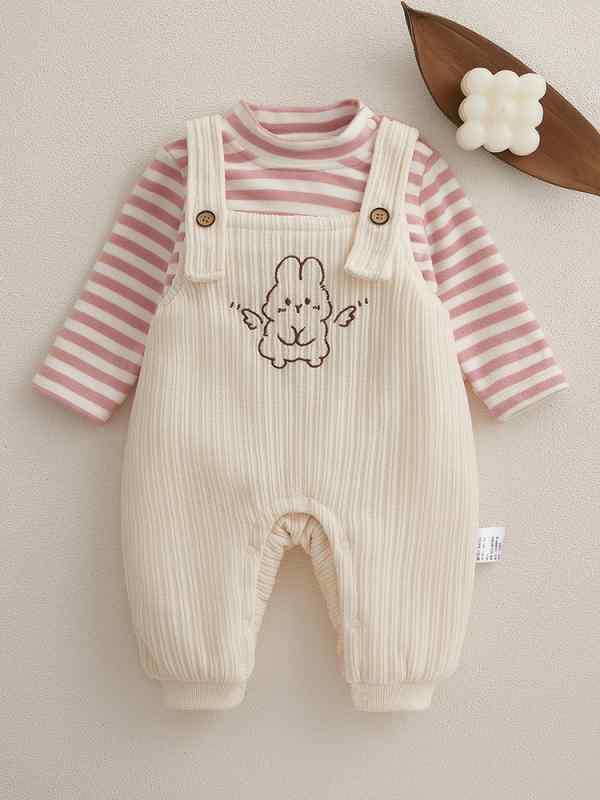 ベビー 女の子 新生児 乳児 幼児 コーデュロイ 中綿入り サロペット セットアップ 長袖 ロングパンツ 厚手 保温 あったか 秋冬 ウサギ柄 かわいい 連体服 カバーオール ピンク グレー アウター