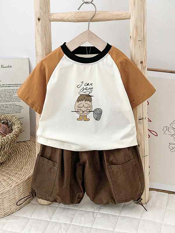 キッズ 男児 ボーイズ 半袖Tシャツ カットソー ショートパンツ ハーフパンツ 綿 薄手 柔らか肌触り キャラクター柄 2点セット 上下セット 春夏 カジュアル 普段着 お出かけ ルームウェア ダークブラウン