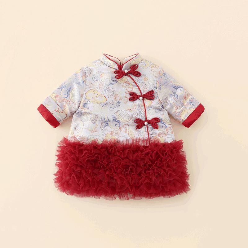 ワンピース 女の子 ベビー プリンセスドレス チャイナ風 裏起毛 1歳誕生日 バースデー礼服 お正月 新年服 チュール メッシュ フリル Aライン ポリエステル 秋冬