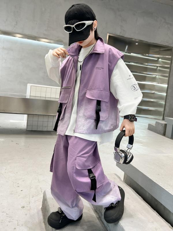 セットアップ 男の子 キッズ ジュニア 中学生 小学生 スリーピース ワークテイスト ベスト 長袖 長ズボン 綿 コットン 春秋 秋冬 カジュアル 通学 普段使い お出かけ おしゃれ 黒 紫