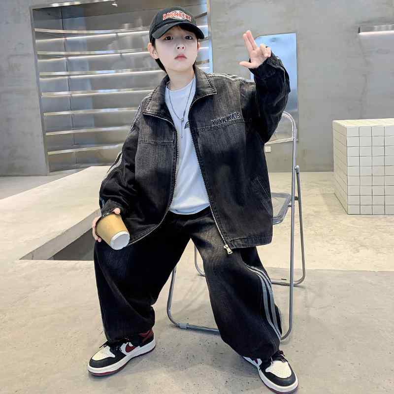 キッズ 男の子 デニム セットアップ Gジャン ジャケット 上下セット 春 秋 アメリカンレトロ アメカジ クール カジュアル ジュニア 長ズボン 綿 ブラックデニム