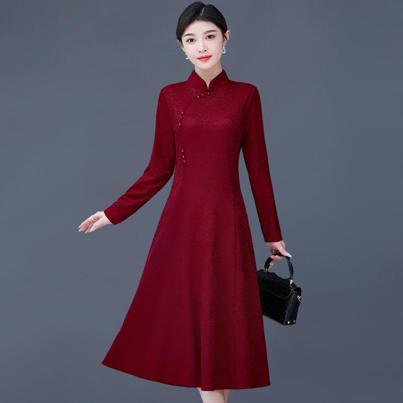 ワンピース レディース ママ向け 秋冬 中国風 版 チャイナドレス エレガント スリム見え 高見え 結婚式 披露宴 謝恩会 演奏会 パーティー フォーマル 礼服 ロングドレス ポリエステル レッド ワインレッド ブラック