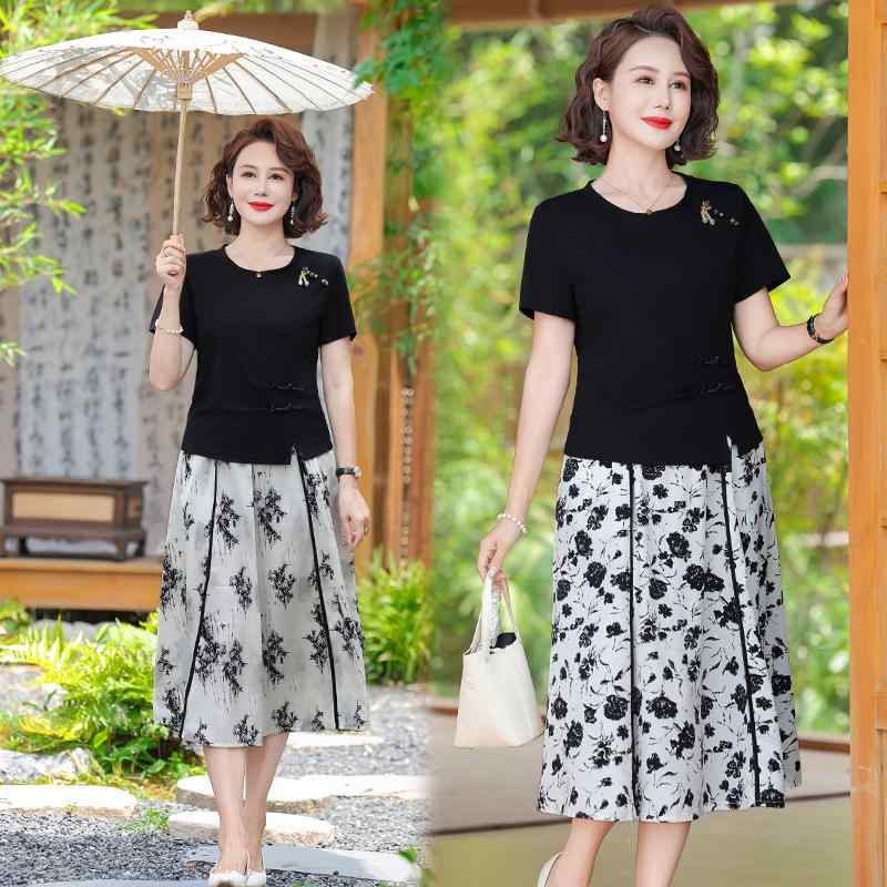 セットアップ レディース ミセス 半袖Tシャツ スカート 春夏 体型カバー 細見え 上品 花柄プリント ゆったり 薄手 軽量 ポリエステル プルオーバー カジュアル ツーピース