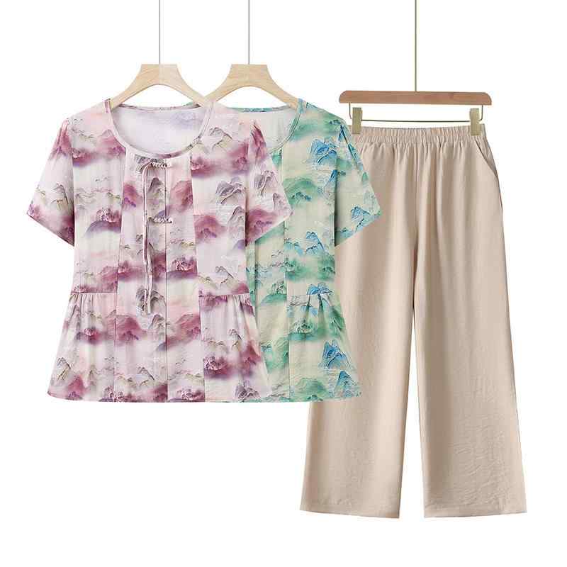 セットアップ レディース ミセス 中高年女性 春夏 半袖Tシャツ トップス パンツ ボトムス 2点セット カジュアル おしゃれ 普段使い お出かけ 薄手 ポリエステル 抽象柄 プリント 九分丈