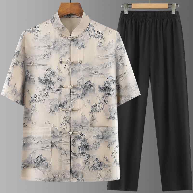 唐装 メンズ 男性用 シニア 父親向け 半袖 セットアップ ツーピース 中華風 カジュアル リラックス 普段使い 夏服 ポリエステル混紡