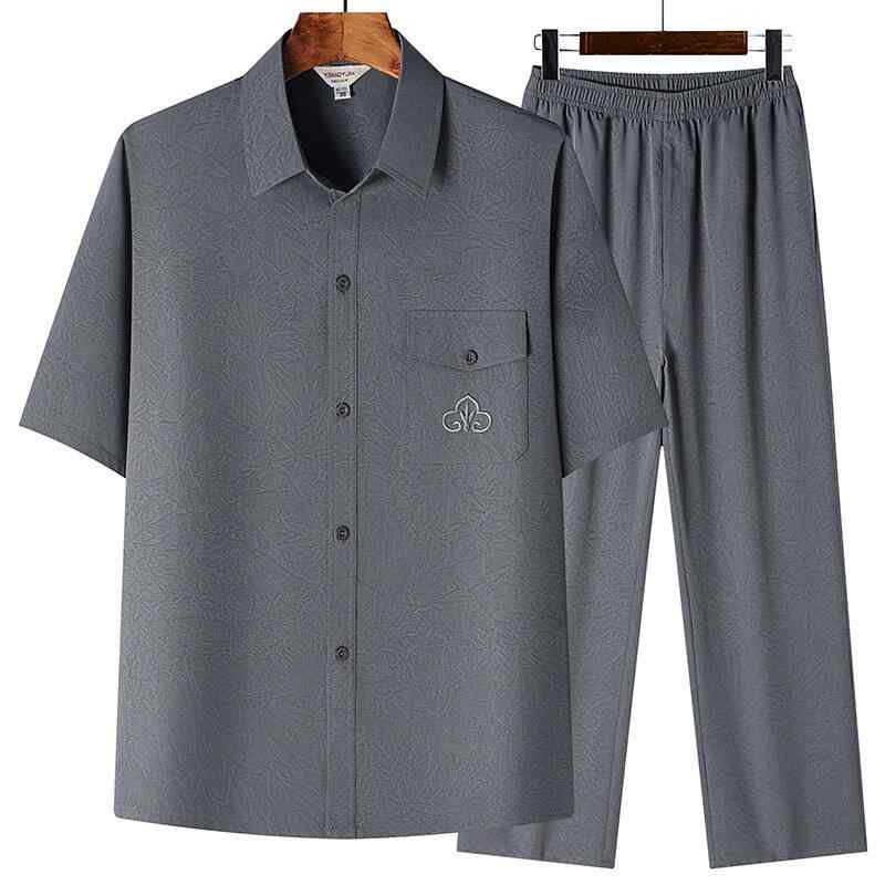 唐装 メンズ シニア 男性用 半袖シャツ セットアップ 夏服 中国風 カジュアル クラシック 上品 ゆったり ポリエステル混紡 通気性 快適な着心地 ボタン