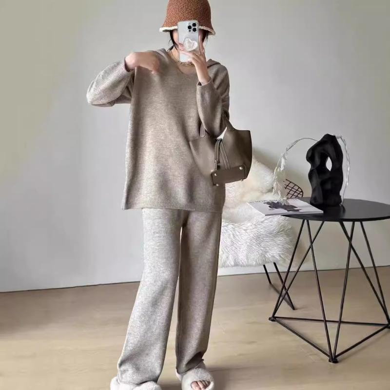 セットアップ レディース 女性用 ニット セーター フード付き パーカー 長袖 ゆったり オーバーサイズ ワイドパンツ ガウチョパンツ ポリエステル 切り替え 2点セット 秋冬 カジュアル ストリート 普段使い 白 ピンク オートミール 黒 グリーン