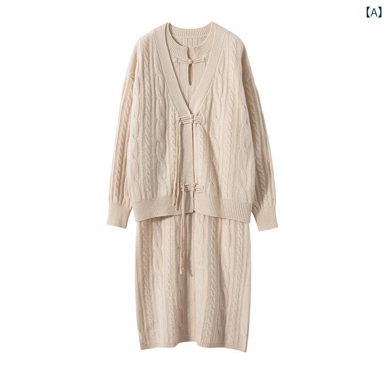 ニットワンピース レディース 女性用 アンサンブル セットアップ ケーブルニット ウール 中厚手 Vネック 長袖 プルオーバー 小柄向け 低身長 無地 秋冬 普段使い お出かけ リラックス カジュアル 2点セット｜おうち健康生活