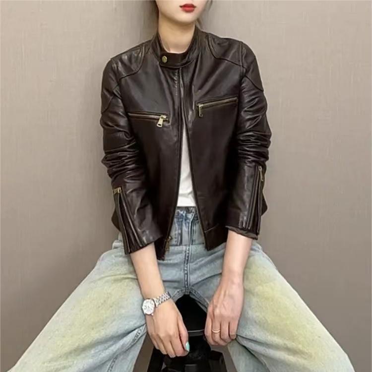 レザージャケット レディース 本革 オイルド加工 牛革 ショート丈 スリムフィット ラウンドネック ジップアップ ブラック カジュアル ワークテイスト 革ジャン アウター 長袖|おうち健康生活