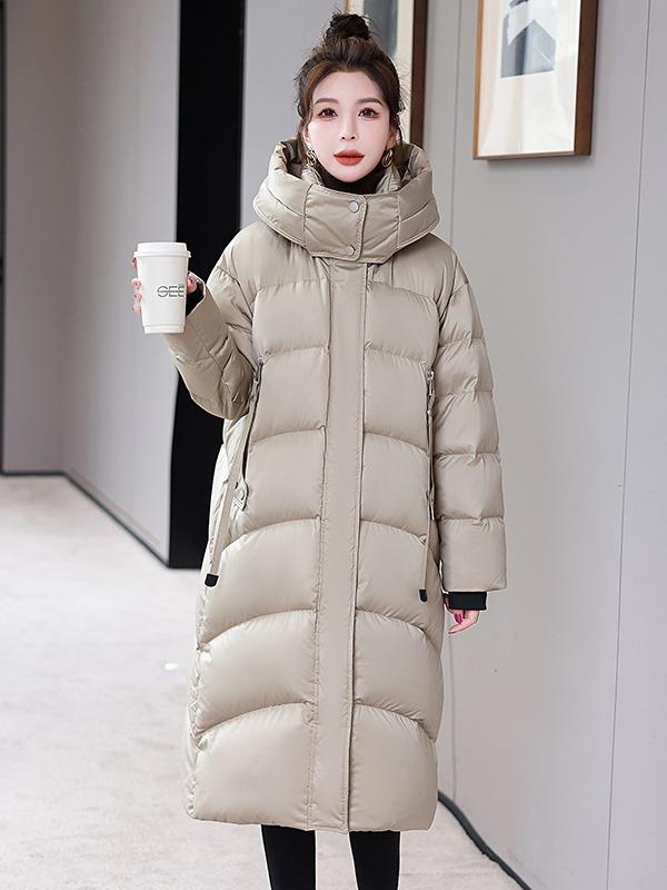 ダウンコート レディース ロング丈 フード付き ホワイトグースダウン90% 防寒 着痩せ効果 上品 エレガント 韓国ファッション 通勤 普段使い 冬 アウター ポリエステル ファスナー ポケット オフホワイト ブラック ブラウン ベージュ｜おうち健康生活