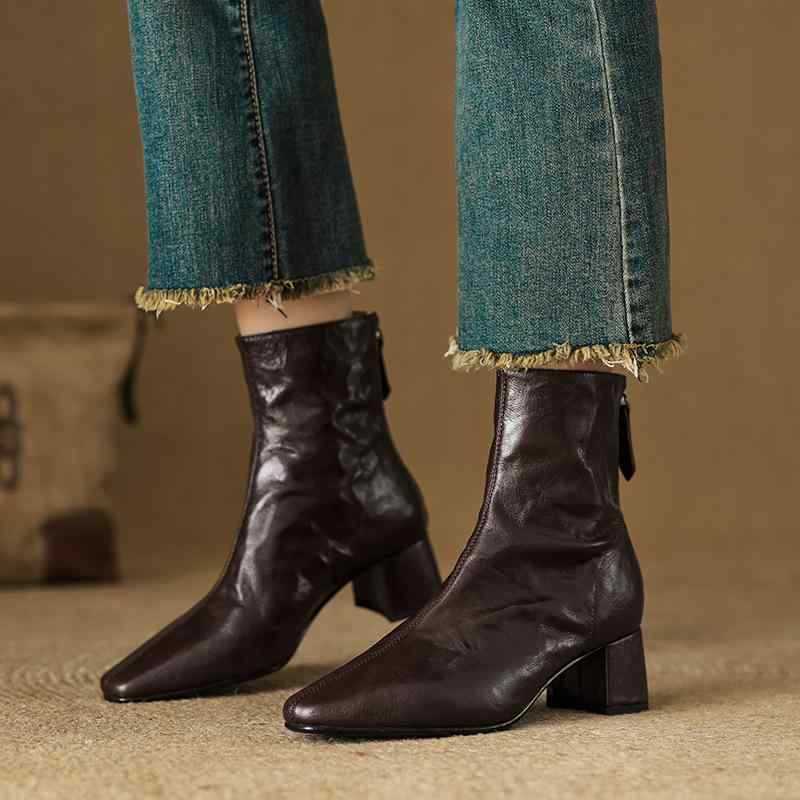 ショートブーツ レディース 女性用 秋冬 クシュクシュ 羊革 スクエアトゥ スリム ウエスタンブーツ バックジップ ミドルヒール 太ヒール レトロ カジュアル 本革 黒 ブラウン ボルドー 普段使い お出かけ
