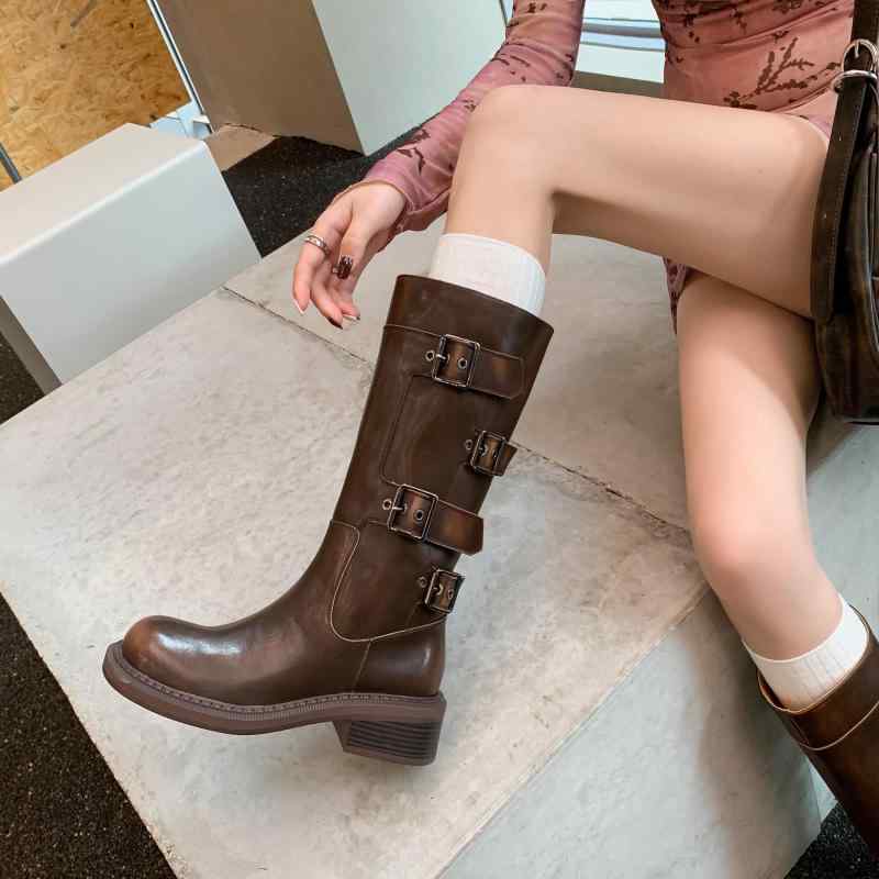 ロングブーツ レディース 女性用 秋冬 牛革 本革 レザー ラウンドトゥ ベルトバックル 太ヒール チャンキーヒール ニーハイブーツ 膝上丈 厚底 大きいサイズ ブリティッシュスタイル ブラック ブラウン 通勤 カジュアル 安定感