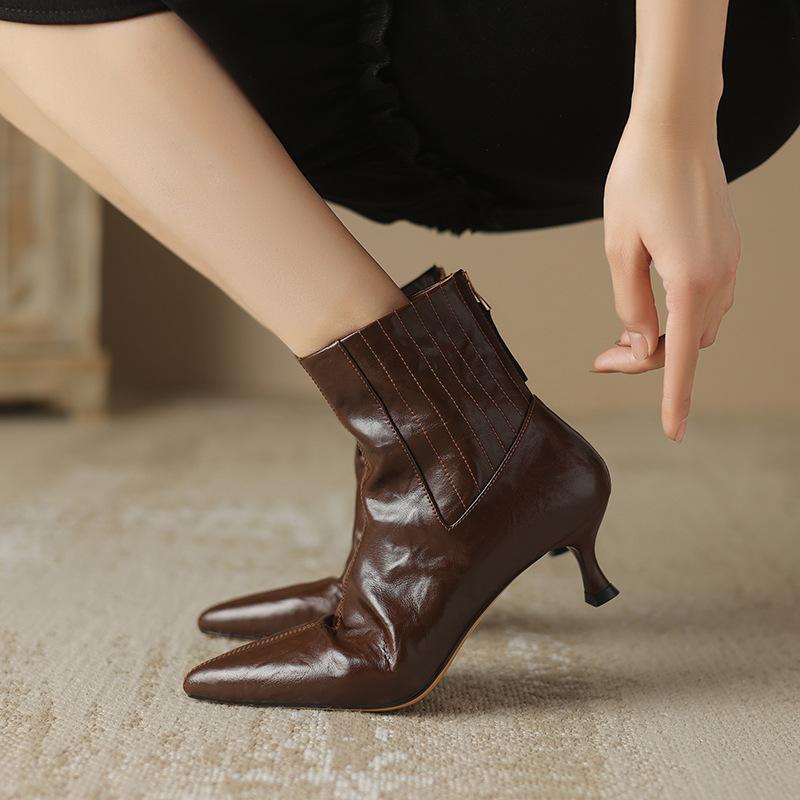ショートブーツ レディース 女性用 高ヒール ピンヒール ハイヒール 秋冬 牛革 レザー ポインテッドトゥ 尖りトゥ ジョッキーブーツ ライダーブーツ シンプル カジュアル ブラック 黒 ブラウン 茶