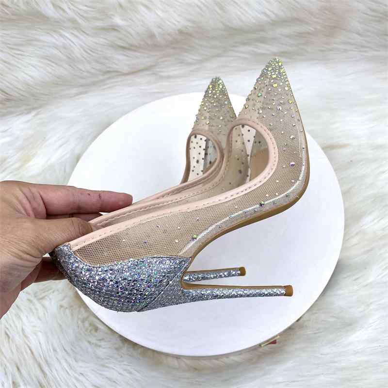 パンプス レディース レース メッシュ 通気性 ポインテッドトゥ ピンヒール ハイヒール セクシー シルバー 春夏 結婚式 パーティー オフィス 通勤 美脚効果 PUレザー スリッポン